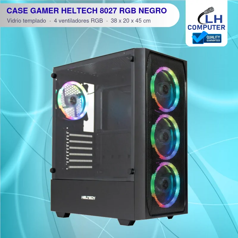 Case gamer Heltech 8027 negro vidrio templado 4 ventiladores RGB