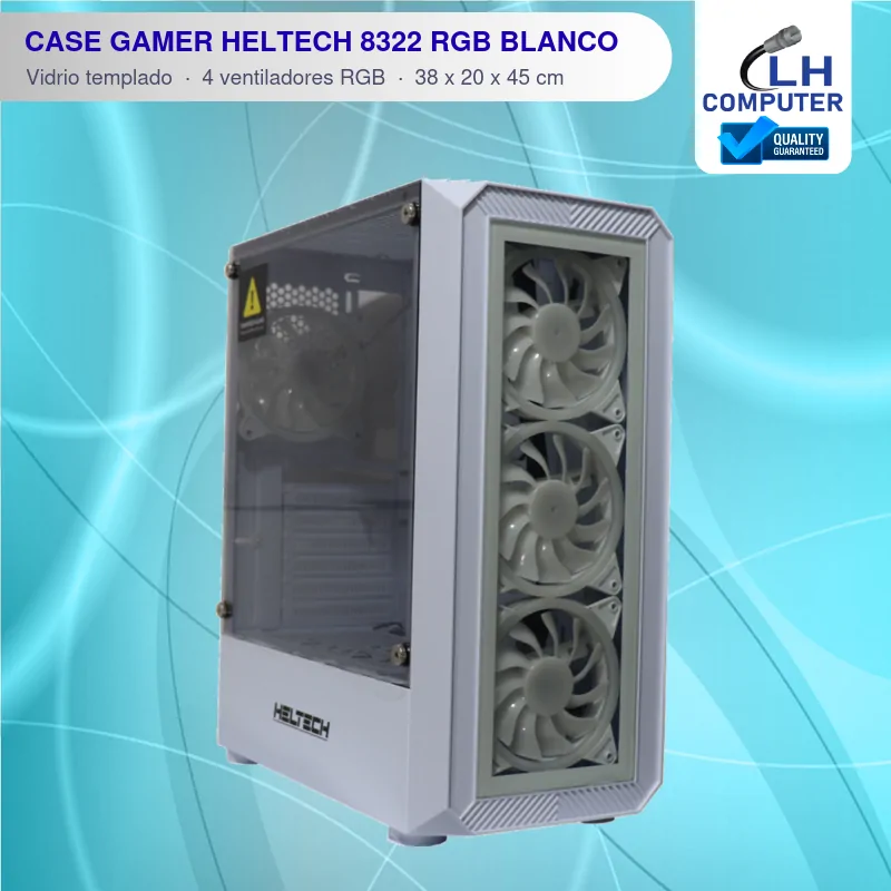 Case gamer Heltech 8322 blanco vidrio templado 4 ventiladores RGB
